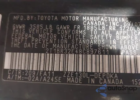 2008 Toyota Corolla Ce z USA, uszkodzony, nr VIN 2T1BR32E48C897611